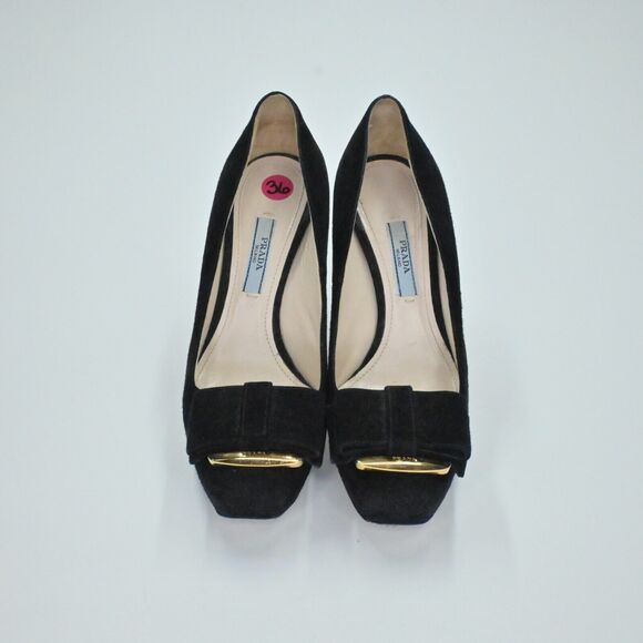 PRADA Heels Womens Size 36 Calzature Black Suede Gold Hardware Bow Milan Square - Picture 2 of 13